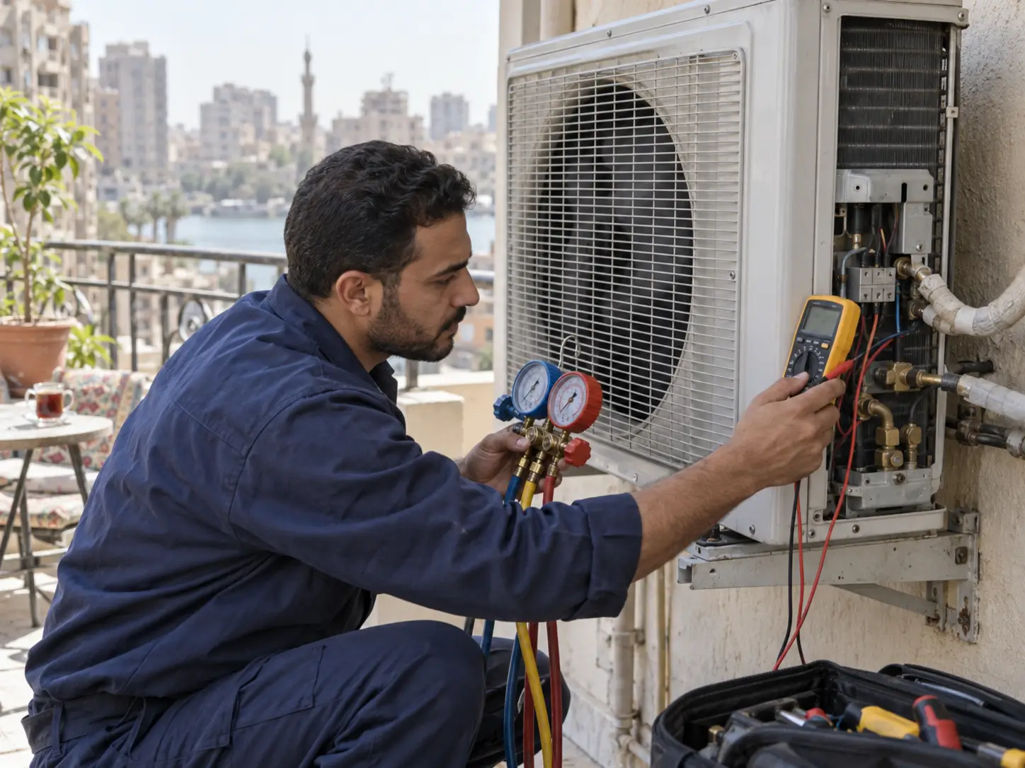 Technician inspecting the outdoor unit of a Kiriazi air conditioner