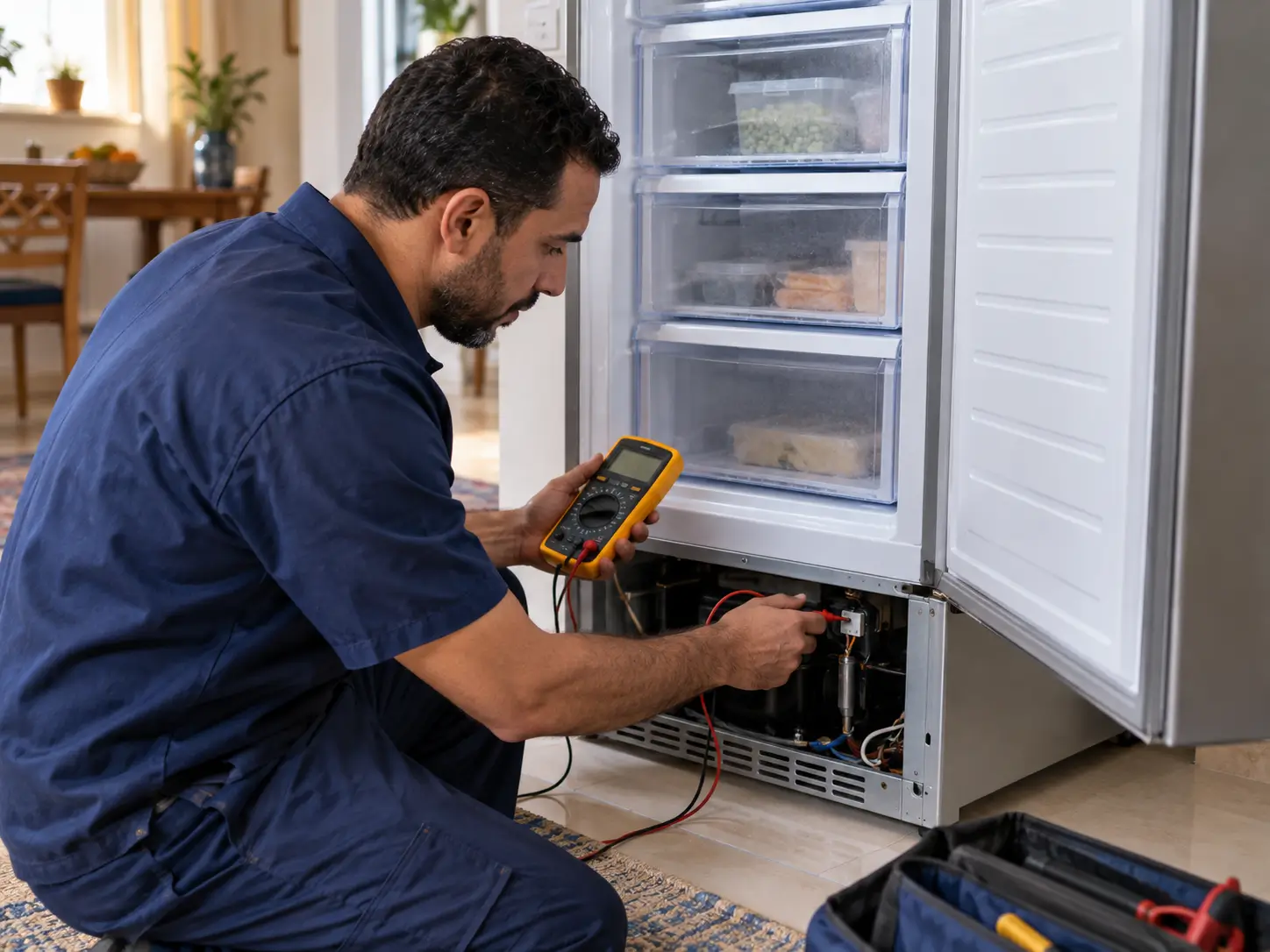 Technician inspecting a Kiriazi deep freezer