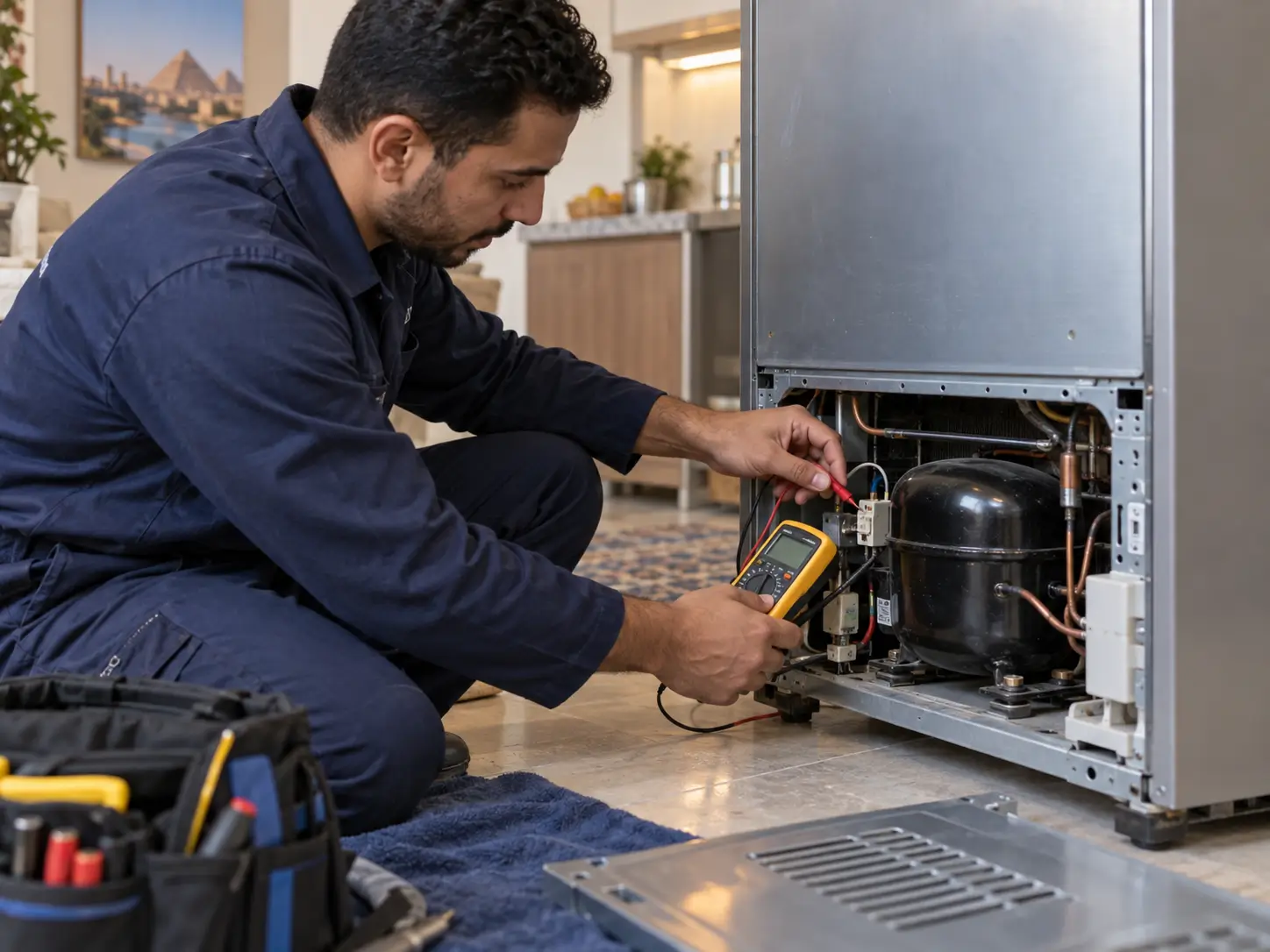 Technician checking a Kiriazi fridge compressor
