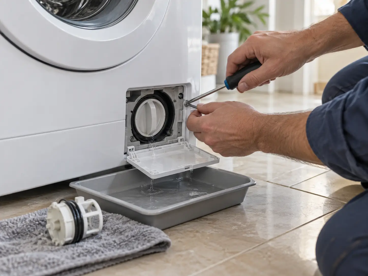 Technician checking the drain pump of a Kiriazi washer