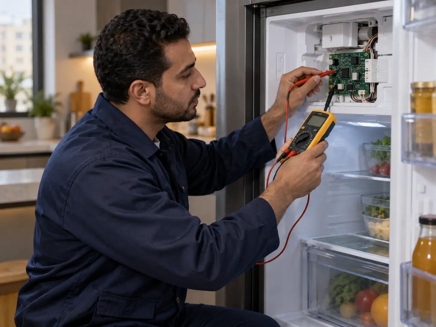 Checking the control panel of a Kiriazi appliance with a digital multimeter